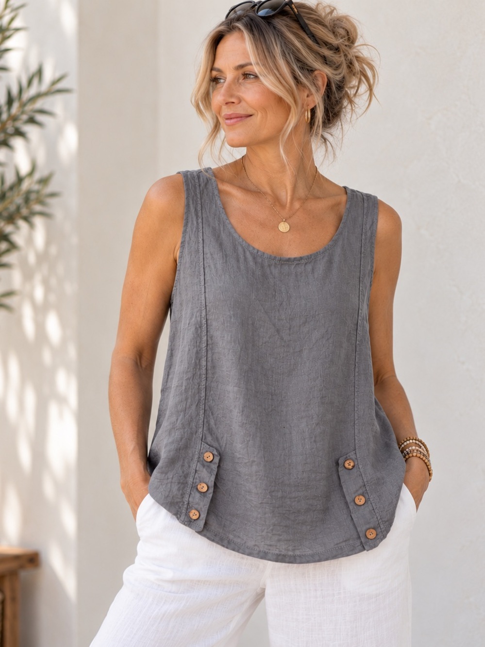 100% Italian Linen Oversized Button Detail Tank